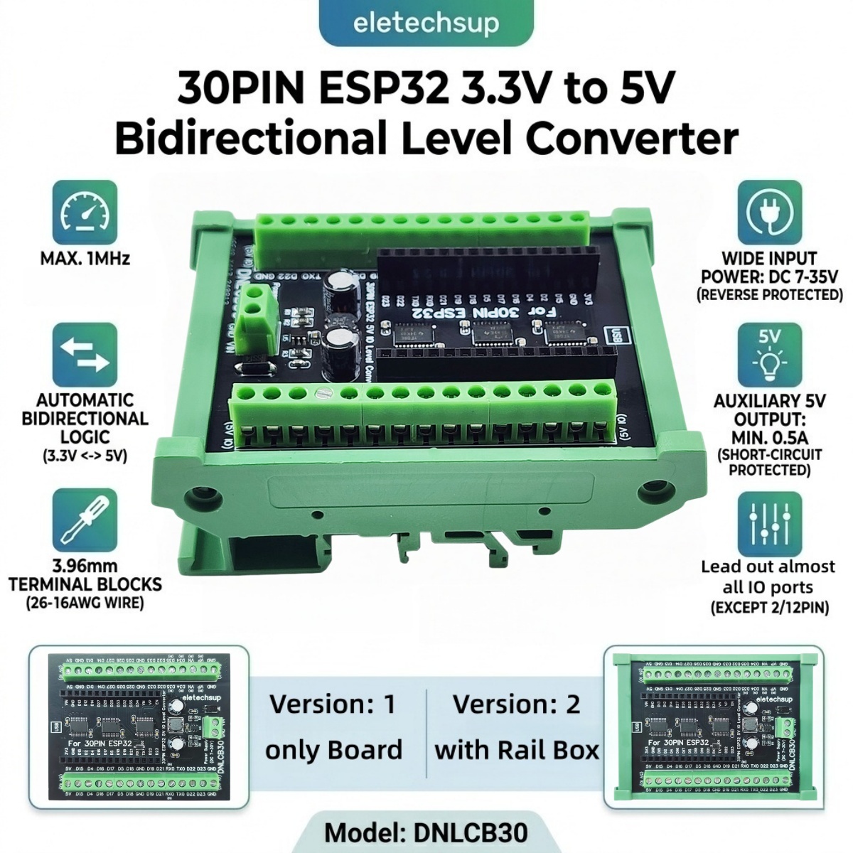 Level Shifter 3.3V - Adaptateur rail DIN ESP32 30P, convertisseur